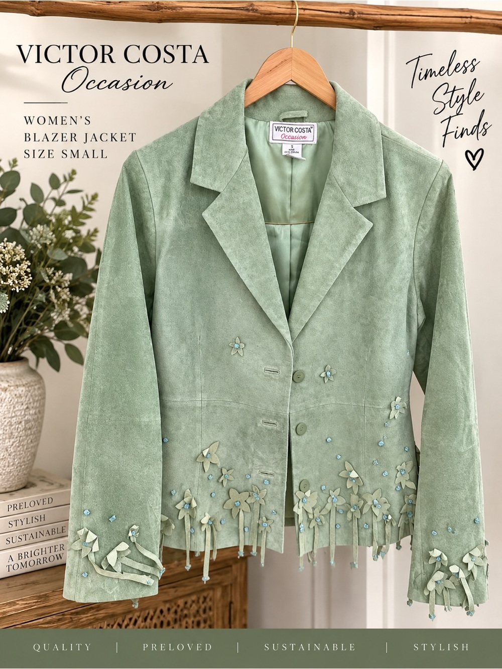 Victor Costa Occasion Green Suede Leather Floral Blazer Jacket Women’s S